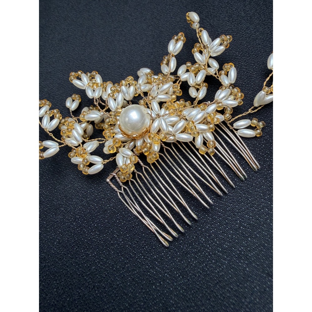 Vintage Pearl and Amber Bead Floral Metal Hair Comb Bridal Wedding Accessory - Picture 3 of 11